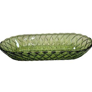 Indiana Glass Dish Basket‎ Weave Oval Candy Celery Avocado Green Olive Vtg MCM